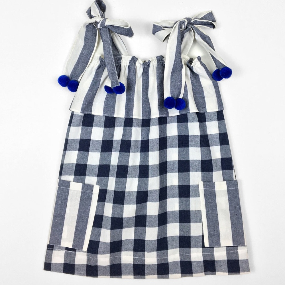 Peas and Queues Girls Gingham Dress Size 5 Blue White Tie Shoulder Pom Pom Dress